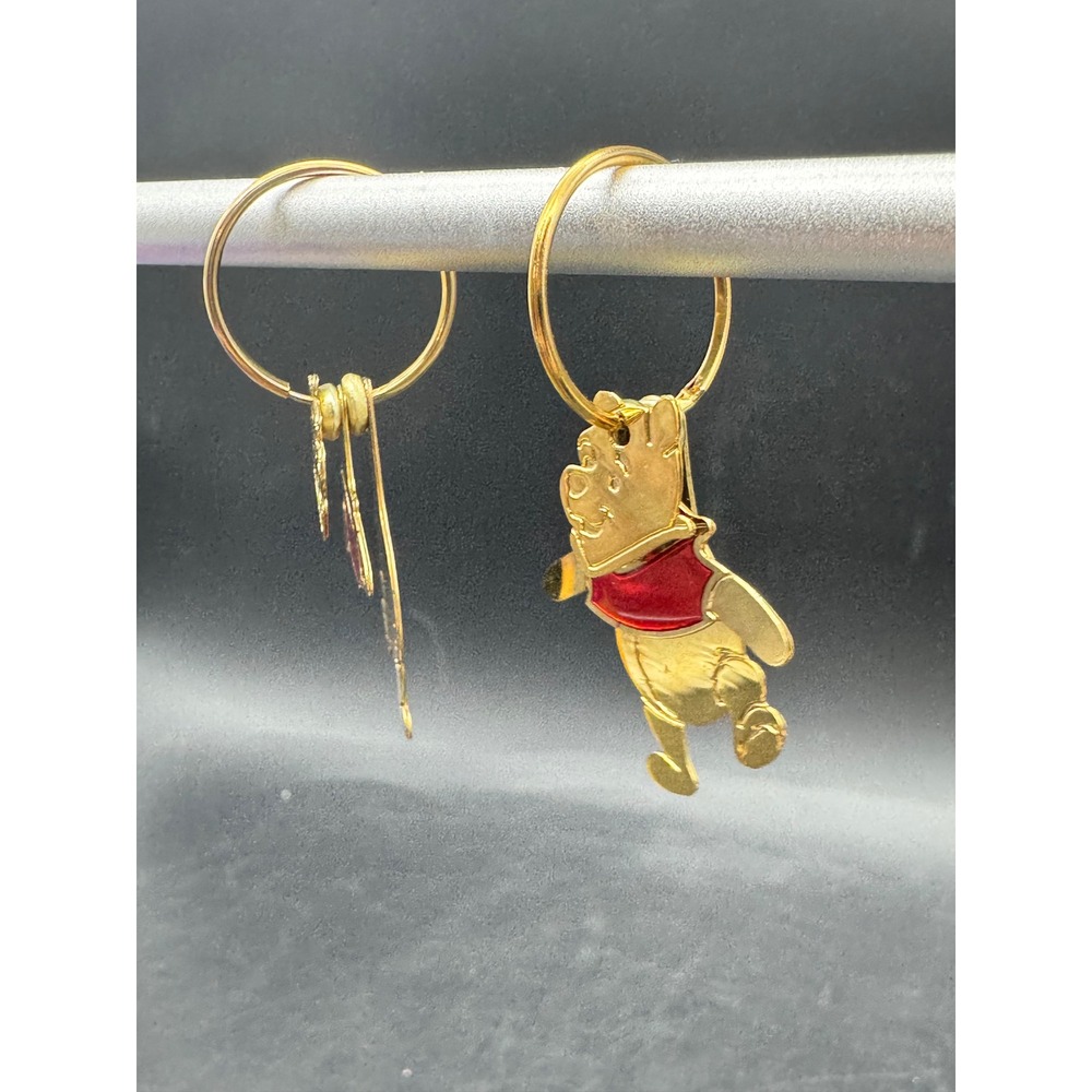 Disney Winnie the Pooh Gold Tone 3D Hoop Dangle Earrings Red Shirt Pair - Picture 2 of 5